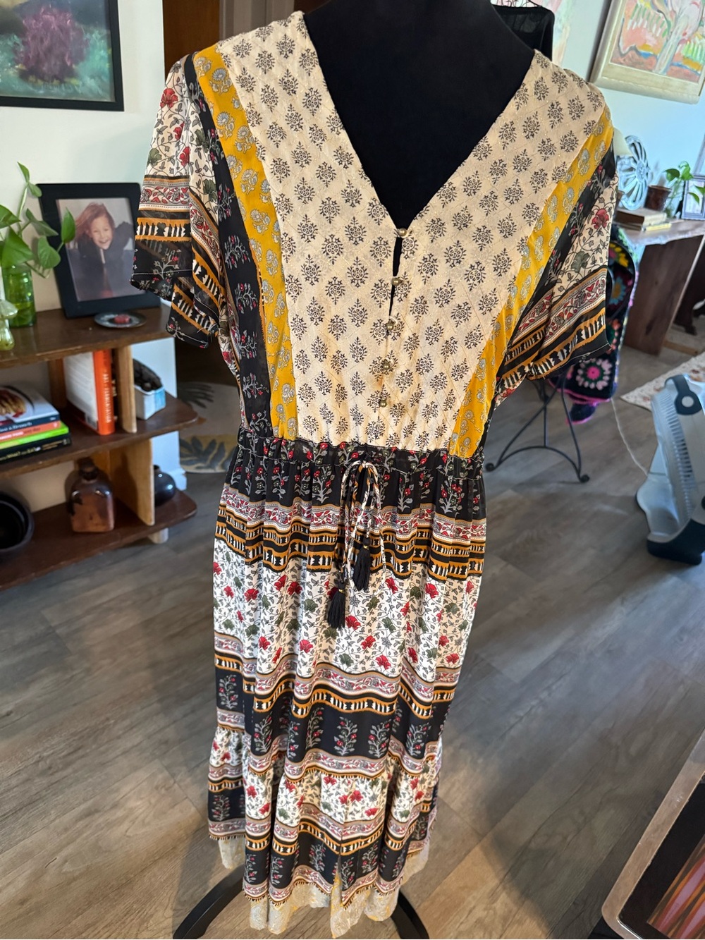 Anthropologie Boho Maxi Dress in Black, Cream & Mustard